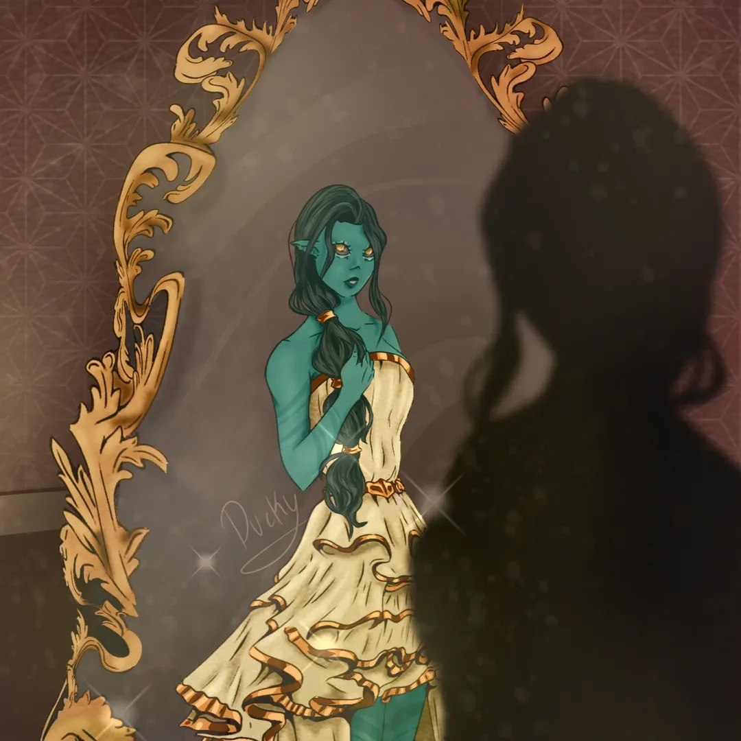 Drawing of Vesi looking in a mirror